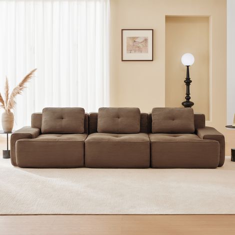 Modulares 3-Sitzer-Sofa aus Cord, 32D-Elastik, ergonomisch, extra tiefe Sitze, rahmenlos, 293 x 104 x 69 cm, braun