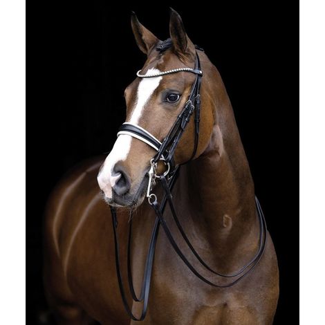 Pony, Noir 9100: Bridon anglais en cuir modèle Dina avec strass sur le frontal complet avec rênes en cuir (1/4)