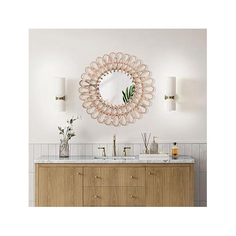 Miroir rond en rotin - 40 cm - Fabriqué à la main - Avec miroir en verre de 20 cm - Décoration murale bohème pour salon, chambre à coucher, salle de bain, couloir et ferme - Style rustique (1/5)