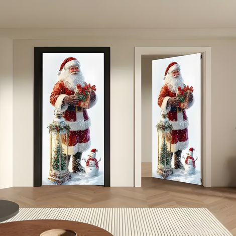 Décoration de porte de Noël, autocollant de porte, tissu décoratif à suspendre, toile de fond pour décoration de fête, décoration de porte de chambre - 90 x 180 cm (perforé + ruban) - 61