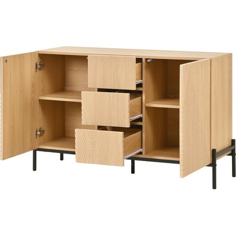Aparador moderno con textura geométrica, 2 puertas, 3 cajones centrales, MDF natural (1/5)