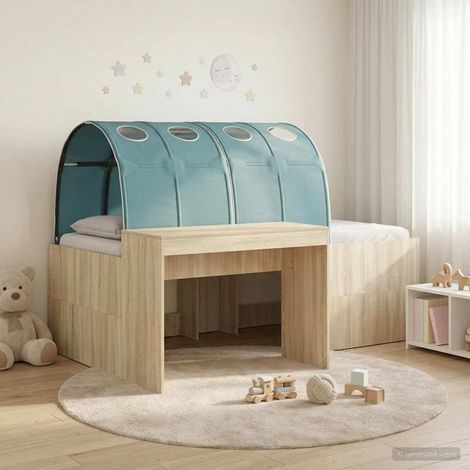 Lit enfant avec tunnel et bureau intégré, 3 pièces, chêne artisanal et bleu clair, 50.1kg - PANGIVO (1/5)