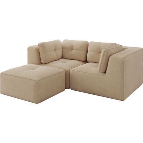 Canapé d’angle modulable et configurable, canapé en L sans armature 2 places avec repose-pieds mobile, confortable en velours côtelé, pour salon et chambre, beige (1/5)
