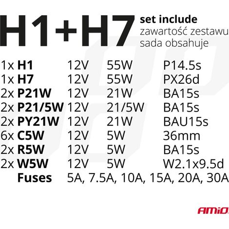 Lot de 30 ampoules et fusibles de rechange H7 + H1 AMIO-03960 (1/2)