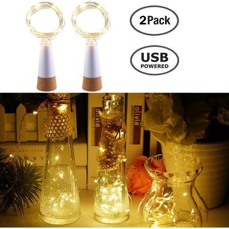 Ortviai 2x Lumières LED en Liège pour Bouteilles – Rechargeables USB, 15 LED, 1,5 m, Blanc Chaud (1/5)