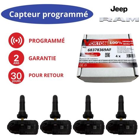 Set di 4 sensori TPMS programmati 433 MHz per RAM 1500/2500/3500 (2014-2024) e Jeep Cherokee (2014-2023)
