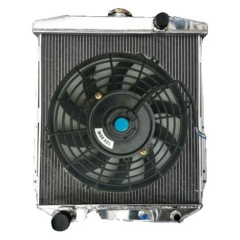 Radiateur en aluminium pour modèles Ford, taille du noyau 18 1/2" x 18 3/4" x 2 1/4", dimensions 25 1/8" de haut x 22 5/8" de large, tuyau d'entrée 1 1/2", tuyau de sortie 1 3/4", 3 rangées
