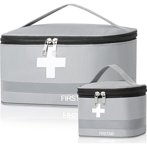 Leeres 2-teiliges Erste-Hilfe-Set, groß und klein, Apothekentasche, Reise, wasserdicht, tragbare Medikamententasche, Medikamentenbox, Aufbewahrung, für Outdoor, Zuhause, Reisen, grau, graues Set mediz