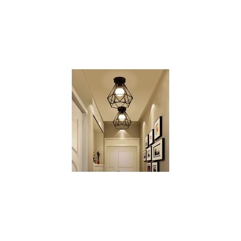 2x Plafonnier Industrielle Cage Diamant en Métal Fer Rétro lustre Suspension Luminaire E27 Noir
