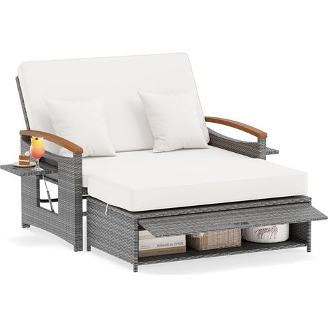 Canapé à 2 Places en Rotin avec Ottoman de Rangement et Coussins, Charge 360KG, Plateau Latéral Pliant, Dossier Réglable 4 Positions, Beige(Style C) (1/5)