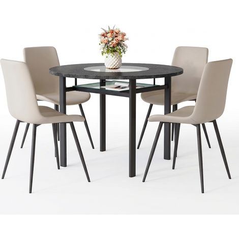 Ensemble table ronde et 4 chaises en similicuir PU gris chaud, table à manger ronde noire de 100 cm avec rangement en verre (1/5)