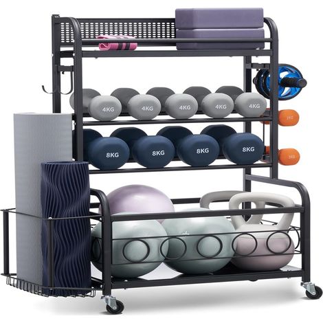Yoga Mat Storage Rack, Home Gym Workout Equipment Organizer - Powder Coated Steel Yoga Mat Holder with Hooks & Wheels, Suitable for Dumbbells, Kettlebells (1/5)