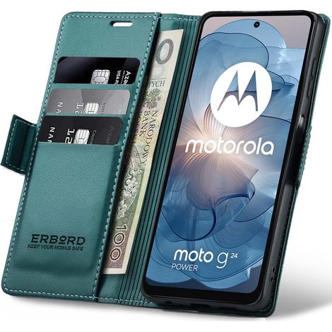 Custodia per Motorola Moto G24 / G24 Power / G04, erbord Glossy Litchi, portafoglio con patta, verde (1/5)