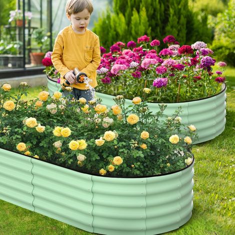 Bac potager surélevé métal galvanisé grande profondeur racinaire fond ouvert montage simple pour légumes fleurs et plantes aromatiques 240x60x30 cm vert olive (1/5)