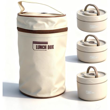 4 Pièces Boîte à lunch, Acier inoxydable 304, Récipient thermique rond, Sac isotherme beige, Pour travail école plein air