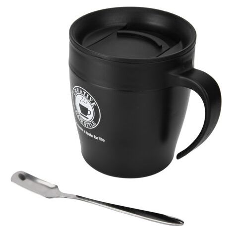 DEESSE SHOP-Fdit Tasse à café isolé en Acier Inoxydable avec Cuillère et Couvercle, Tasse de Bureau de Voyage Portable, Isolation Thermique Sous Vide, Idéale pour la Maison (BLACK) (1/5)