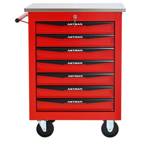 Charriot à outils multifonctionnel sur roulettes, 7 niveaux, en métal avec couvercle en acier inoxydable, idéal pour garage, atelier, entrepôt ou réparation – Rouge et noir (1/5)
