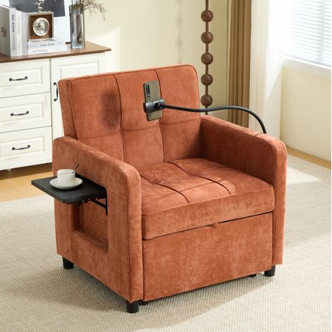 Poltrona letto 2 in 1 in ciniglia arancione 167 x 79 x 83 cm, schienale reclinabile a 5 posizioni (1/5)