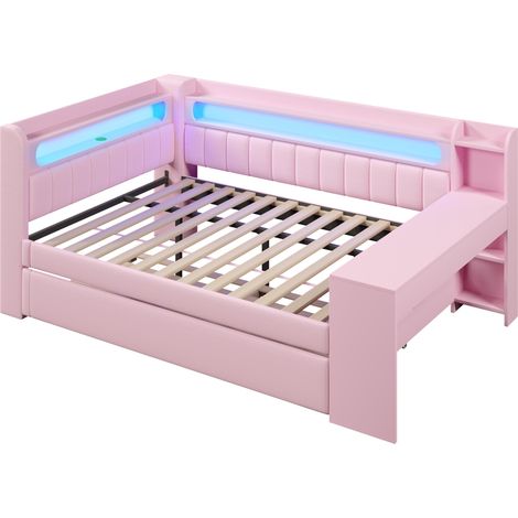 Letto divano imbottito 140 x 200 cm rosa con letto estraibile, scrivania, USB e LED (1/5)