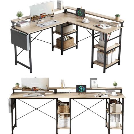 Bureau d'angle en L réversible 140 x 140 cm avec prise USB, LED et rehausseur d'écran (1/5)