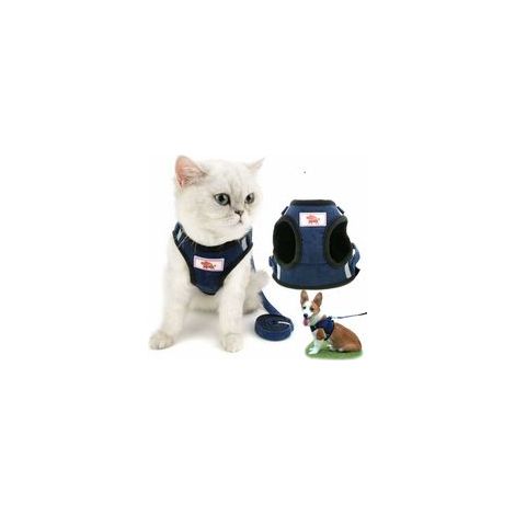 Harnais et laisse réglables pour chat, maille douce rembourrée réfléchissante, bleu – (1/5)