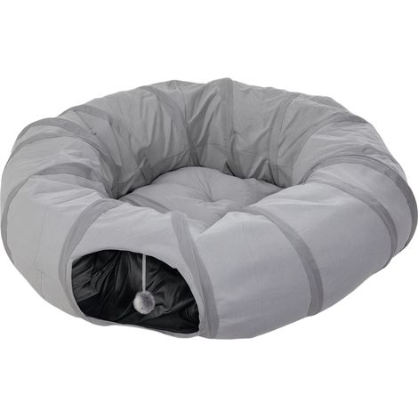Tunnel rond pliable pour chat intérieur Ø 90 x 27 cm gris avec lit, coussin, trous à balles et judas (1/5)