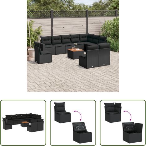 Gartenmöbel - 11-tlg. Garten-Sofagarnitur mit Kissen Schwarz Poly Rattan (1/5)