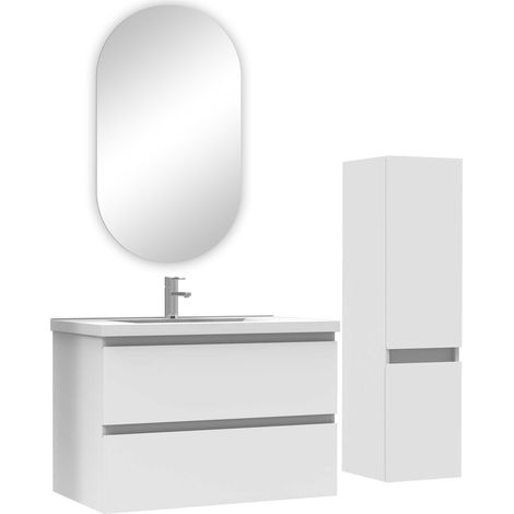 Ocean ensemble meubles Salle de Bain 80cm vasque + colonne + miroir ovale Blanc