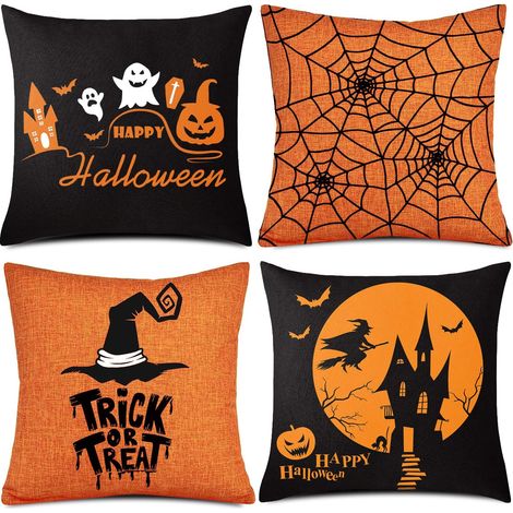 Lot de 4 taies d'oreiller,lin,motifs Halloween,orange et noir,canapé lit (1/5)