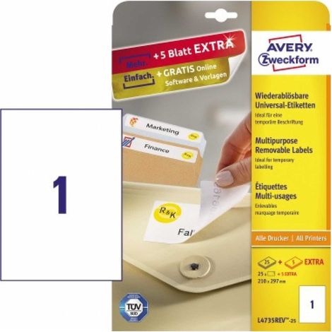 Universaletikett 210 x 297 mm (B x H) wieder ablösbar Papier weiß 30 Etik./Pack. (1/5)