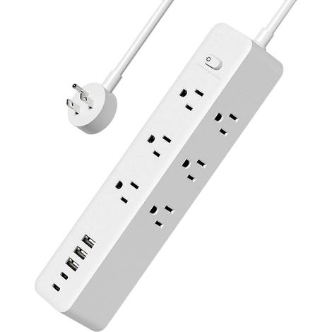 Rallonge plate anti-surtension, 9 prises, 3 ports USB, 2 ports USB-C, fixation murale, convient aux bureaux et aux dortoirs, blanche. (1/5)