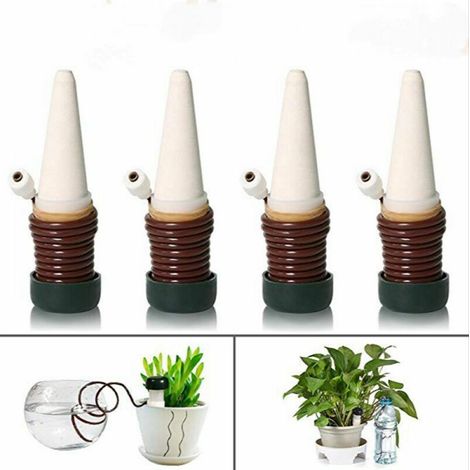 Cône d'arrosage, cône d'argile avec tuyau comme distributeur d'eau goutte à goutte en vacances, système d'arrosage automatique pour plantes et fleurs d'intérieur - 4 pièces (1/5)