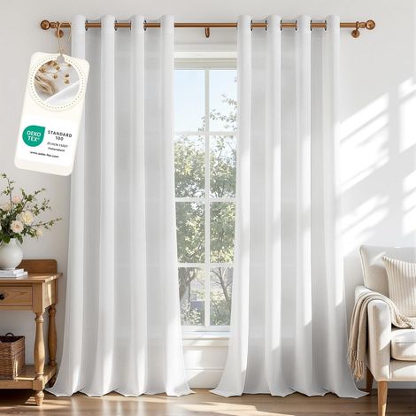 Rideau Voilage Blanc en Lin Semi-Transparent, Lot de 2, 140x260 cm (1/5)