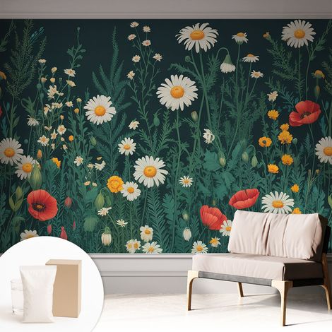 Papier peint intissé avec imprimé pour décoration intérieure pour rénovation a motif - Colle incluse gratuite Fleurs des champs 312x219 cm (1/5)