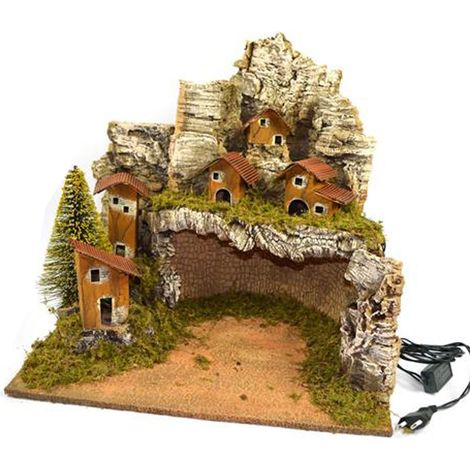 Scenario vuoto per presepe paesaggio con grotta e luci in legno e sughero 42 cm