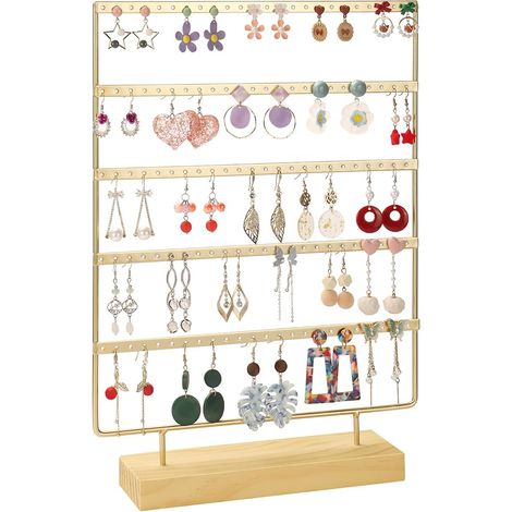 120 Slots Earring Holder - Wooden and Painted Metal Stand (Black/White) - 5 Tiers for Jewelry/Home - Easy Assembly (Gold) (1/5)
