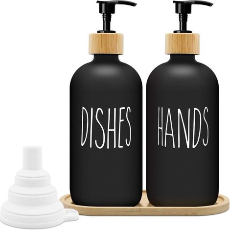 Matte Black Soap Dispenser Set 500ml Glass Soap Dispenser with Tray Dishwashing Liquid Dispenser Soap Dispenser for Kitchen and Shower (Black x 2)