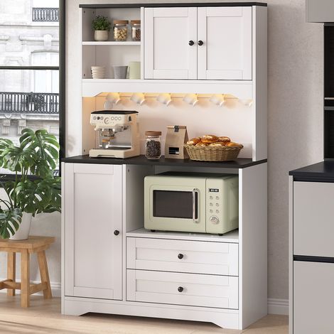Mueble de cocina multifuncional (100x40x163 cm), con iluminación LED, espacio para microondas, MDF blanco (1/5)