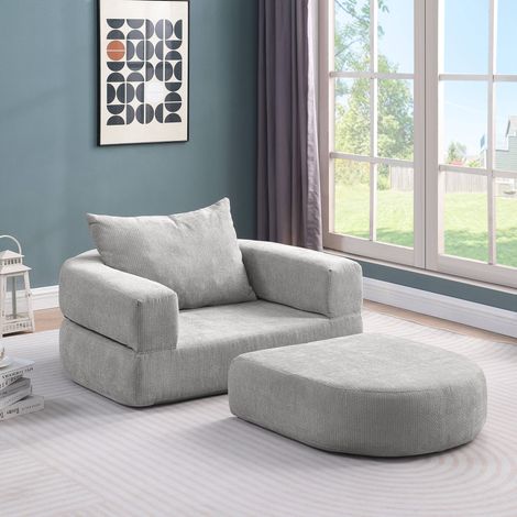 Canapé-lit futon pliable 1 place en chenille gris clair avec coussin, convertible en matelas (1/5)