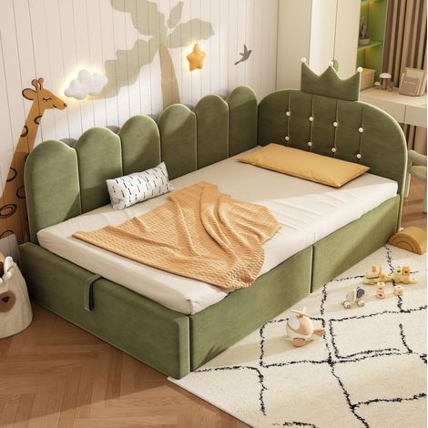 lit enfant daybed rangement 90x200 velours vert OKMYHOME (1/5)