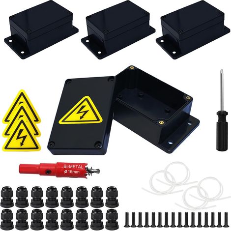 4 pièces boîte de raccordement, IP67 noir boîte de dérivation étanche, boîte de distribution en saillie, boîtier électronique avec 16 étoupes, étiquettes sécurité, scie cloche 16mm, tournevis (1/5)