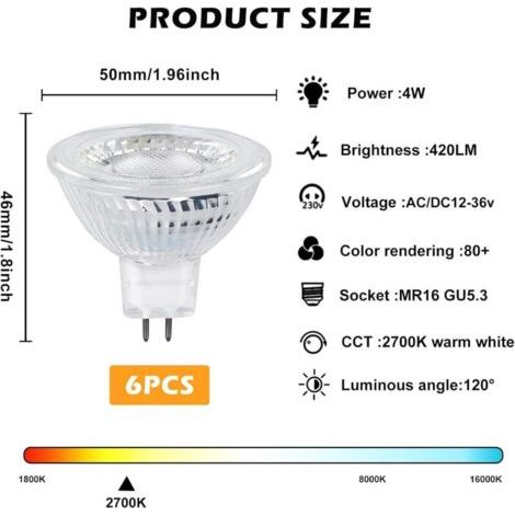 FENOPLASTICAAmpoules LED GU5.3 MR16 12V, 5W Equivalent à 40W Lampe Halogène, Blanc Chaud 2700K, 350LM, Ampoules LED Spot 12V, Lampe Réflecteur Faisceau Large 120° Non Dimmable, Paquet de 6 [Classe éne (1/2)