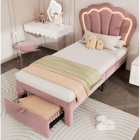 Lit 90x190 LED avec tiroir, tête réglable velours rose OKMYHOME (1/5)