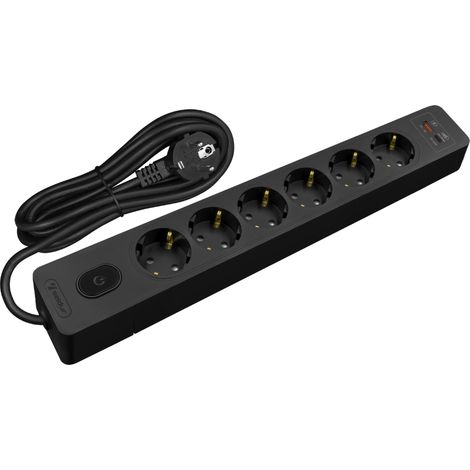 Multiprise SELDUR G6TH32S, 6 prises type F + interrupteur, USB A+C charge rapide 20W, Noir, câble 3m (1/5)