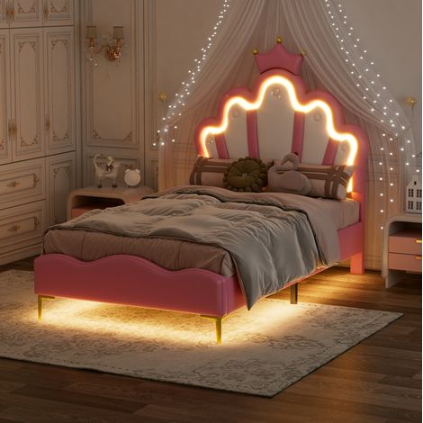 Cama infantil 90x200 cm de madera y PU rosa con LED regulable, sin colchón FloraGrace (1/5)