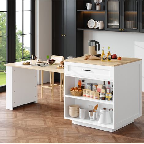 Tavolo bar estraibile 133/202 cm bianco con contenitore, 2 cassetti e scomparti aperti (1/5)