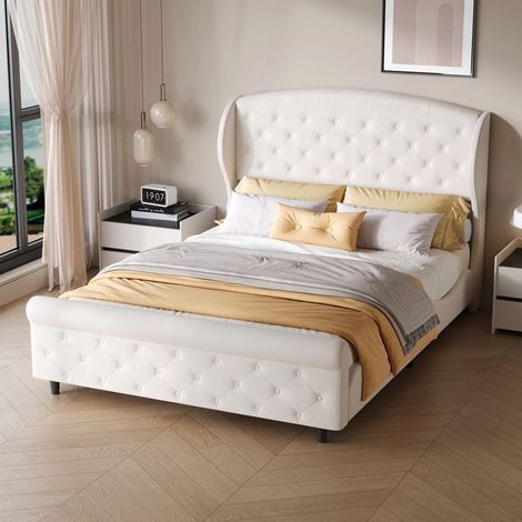 Doppelbett - Gepolstertes Doppelbett 140x200 cm - Weißer Samt - Inklusive Lattenrost