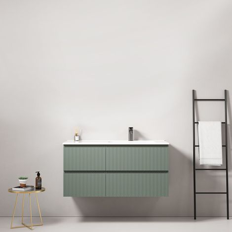 Mobile bagno sospeso cannettato 100 cm Verde Salvia Lavabo a Destra in Ceramica Senza Specchio - Fiji Paint (1/4)