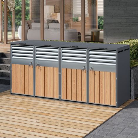 Armario para 4 cubos de basura con cerradura de acero galvanizado gris efecto madera DESVIAE (1/5)