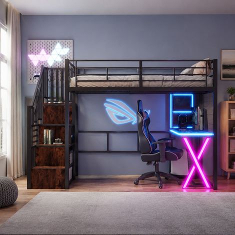 Lit mezzanine enfant 90x200 cm en métal noir, gain de place avec bureau et rangement FloraGrace (1/5)